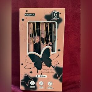 Moka Gel Pen Sets with Butterfly or Cat Design. Rubber Grips. Set of Six.